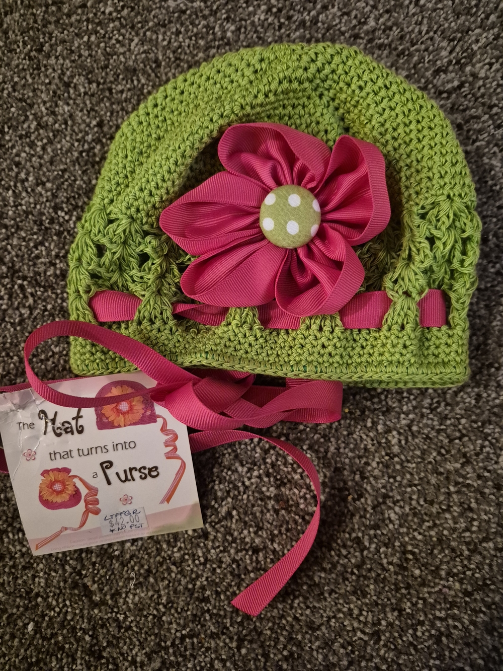 Vintage Lollitops Green Crochet Hat with Pink Ribbon Flower  ***HUGE SALE!***